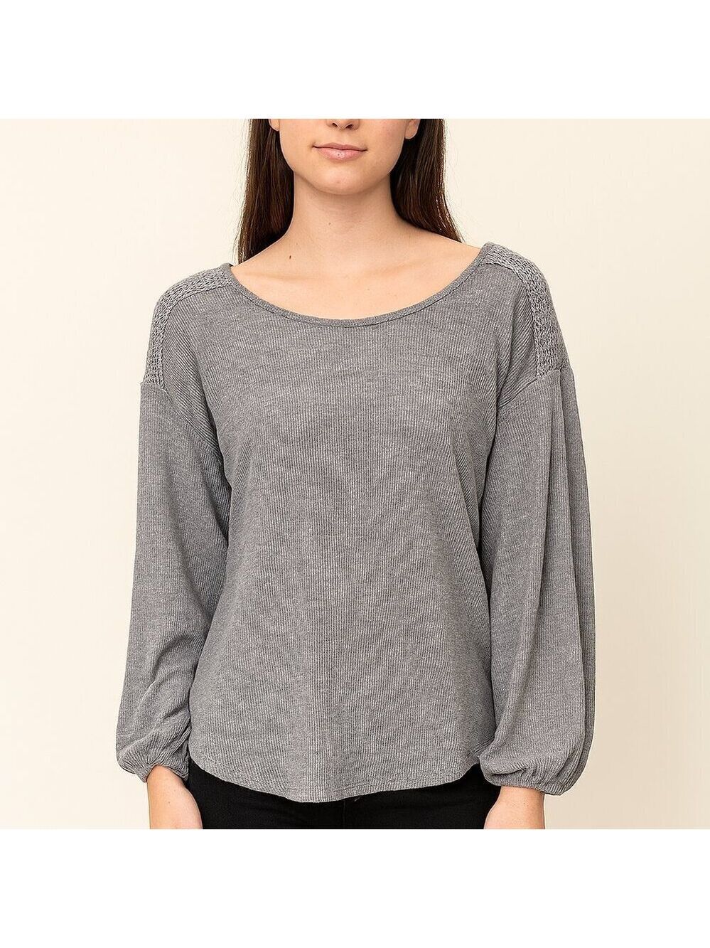 Ayla Gray Balloon Sleeve Knit Top S | Lace Shoulder Detail | Cozy Ribbed Texture